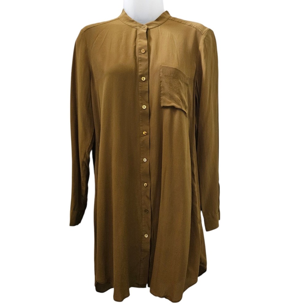 Eileen Fisher Shirt‎ Dress PM Mandarin Collar Green Silk Button Tunic Minimalist